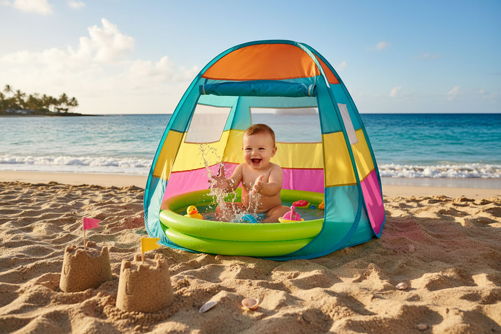 Happy toddler splashing in a pool inside a UV-protection pop-up beach tent on a sunny beach